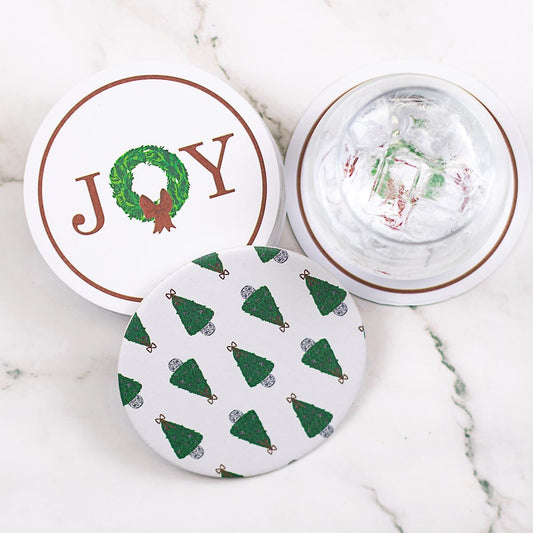 Joy Wreath Reversible Paper Coasters Red/ Green 4x4 Set of 20