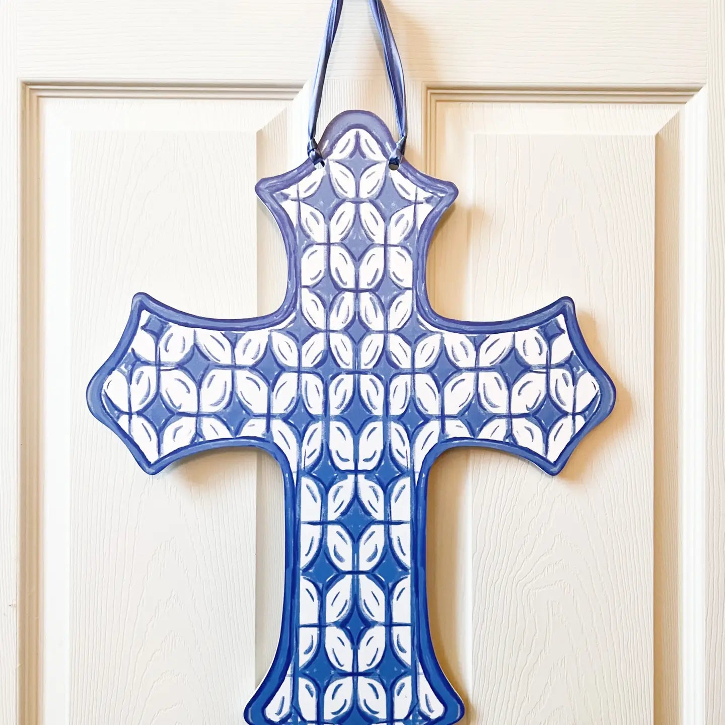 Blue Cross Door Hanger Grandmillenial Lattice Pattern Decor