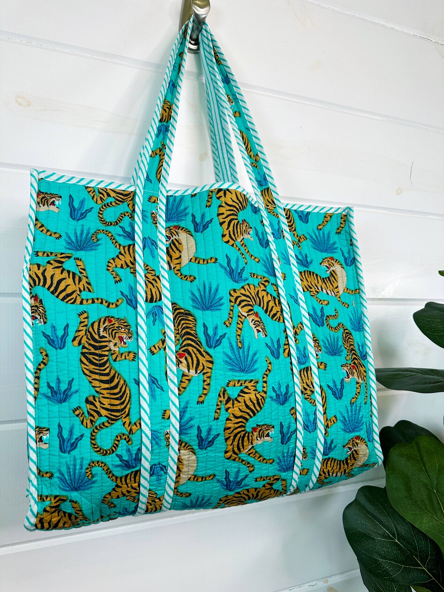 Tiger Tote Bags | Aqua Blue Quilted Bag | Large Travel Totes