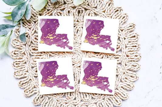 Louisiana Purple and Gold Ink Watercolor Ceramic Coaster