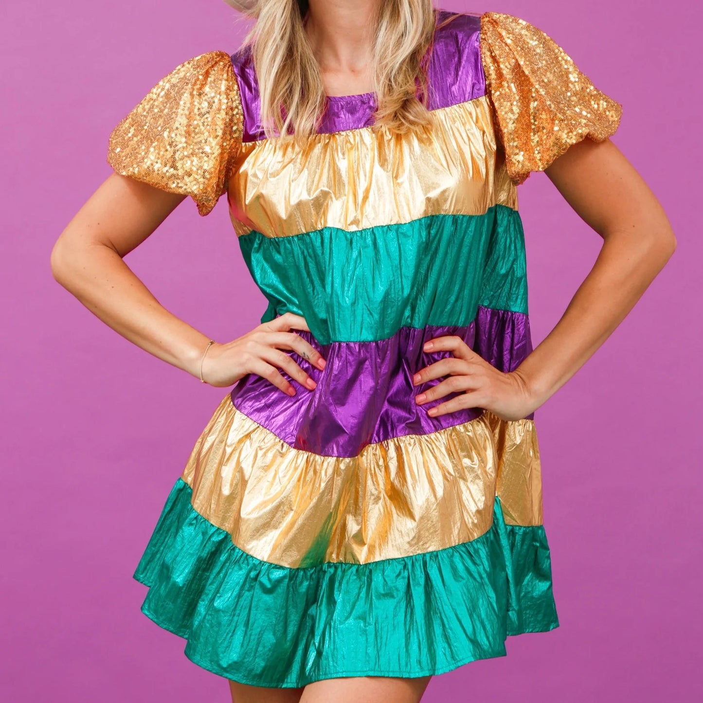 Sequin Sleeve Color Block Vinyl Dress