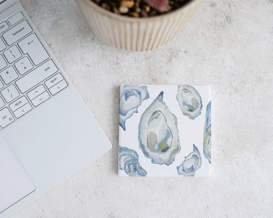 Blue Oyster Watercolor Ceramic Coaster